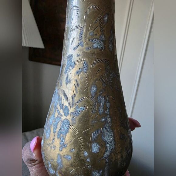 Vintage Brass Stem Bud Vase Tall Etched 11 1/4'H - Picture 9 of 9
